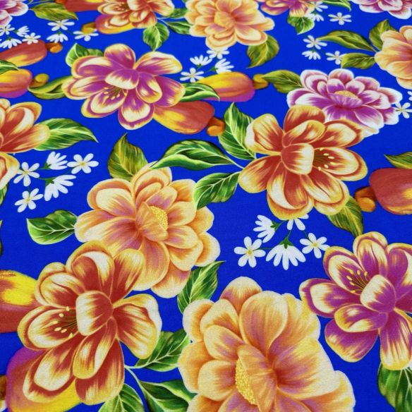 Tecido Viscose Floral Colorido Fundo Azul • Luema Tecidos
