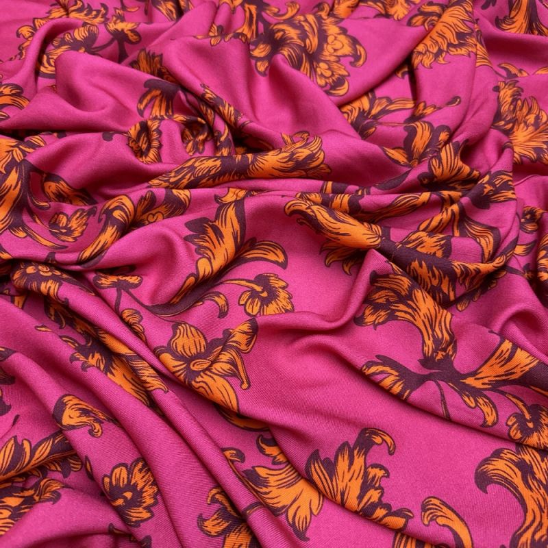 Tecido Viscose Floral Amarelo Fundo Pink • Luema Tecidos