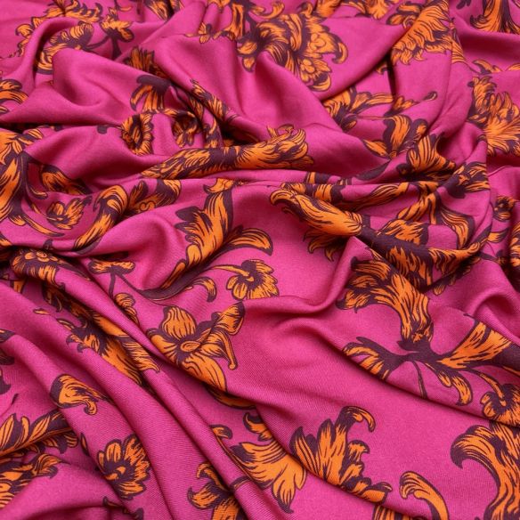 Tecido Viscose Floral Amarelo Fundo Pink • Luema Tecidos