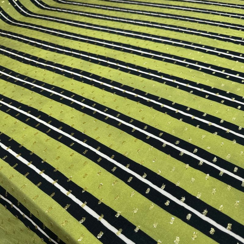 Tecido Viscose Listrada Preto e Bege Lurex • Luema Tecidos
