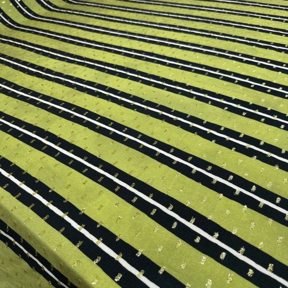 Tecido Viscose Listrada Preto e Bege Lurex • Luema Tecidos