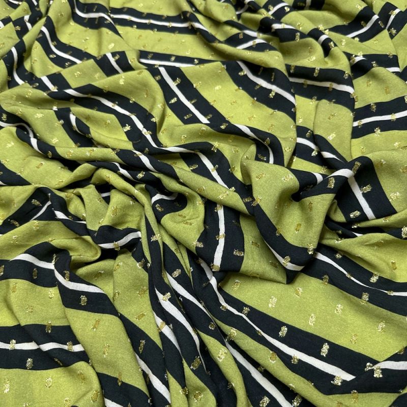 Tecido Viscose Listrada Preto e Bege Lurex • Luema Tecidos