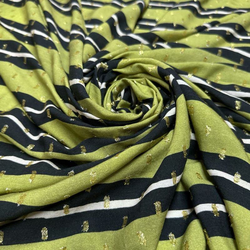 Tecido Viscose Listrada Preto e Bege Lurex • Luema Tecidos