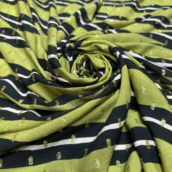 Tecido Viscose Listrada Preto e Bege Lurex • Luema Tecidos