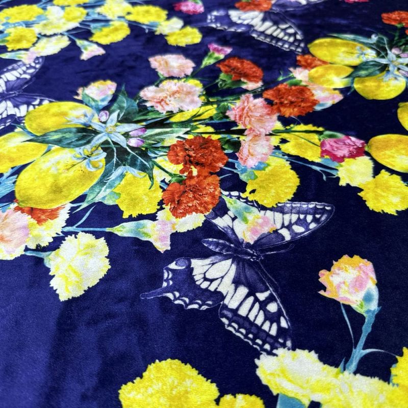 Tecido Veludo Molhado Estampado Azul • Luema Tecidos