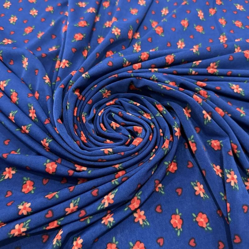 Tecido Liganete Azul Micro Floral Vermelho • Luema Tecidos