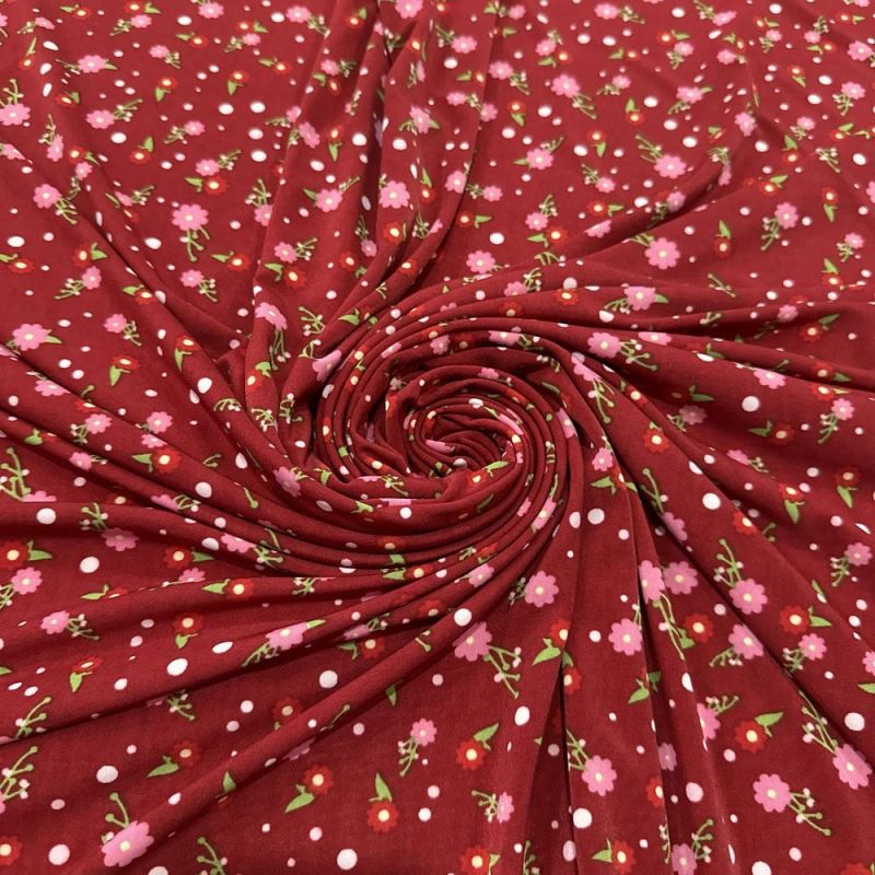 Tecido Liganete Vermelho Micro Floral Rosa • Luema Tecidos