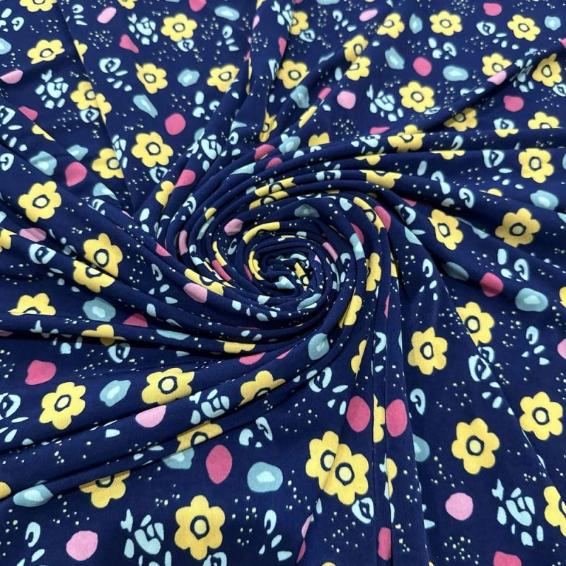 Tecido Liganete Azul Micro Floral Amarelo • Luema Tecidos