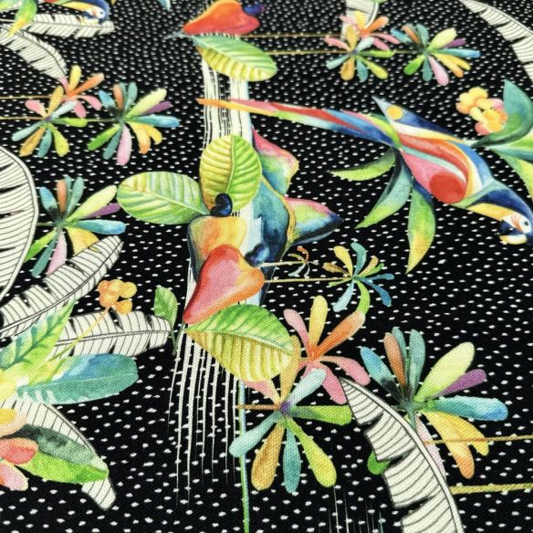 Tecido Viscose Estampada Floral e Pássaros Colorido • Luema Tecidos