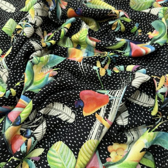 Tecido Viscose Estampada Floral e Pássaros Colorido • Luema Tecidos