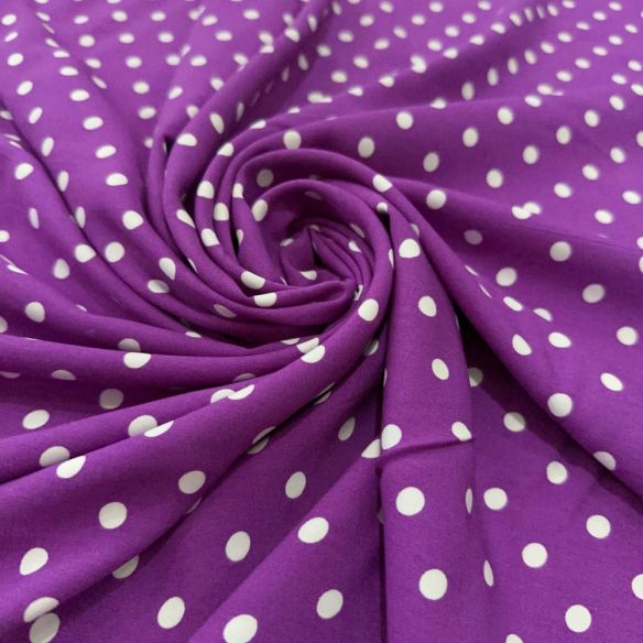 Tecido Viscose Estampada Poá Médio Branco Fundo Roxo • Luema Tecidos