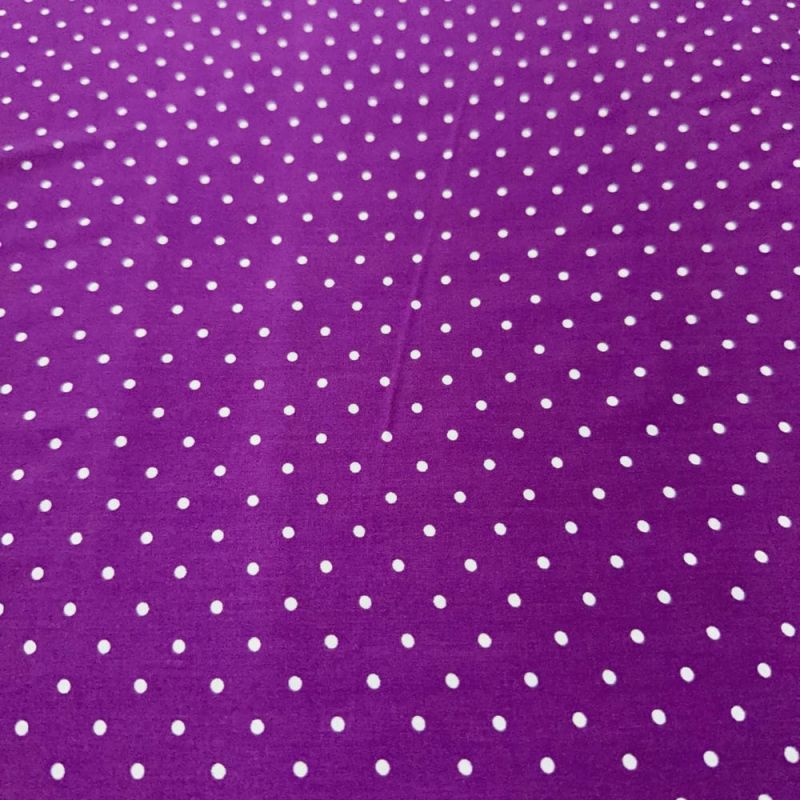 Tecido Viscose Estampada Micro Poá Branco Fundo Roxo • Luema Tecidos