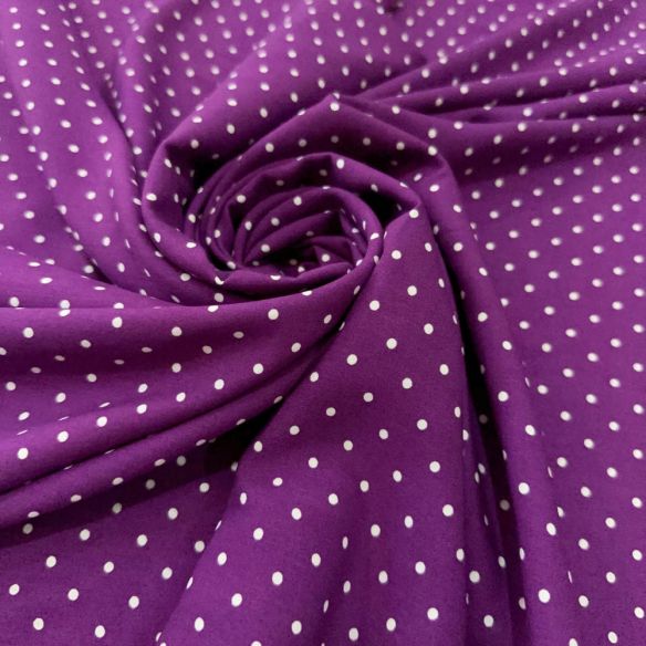 Tecido Viscose Estampada Micro Poá Branco Fundo Roxo • Luema Tecidos