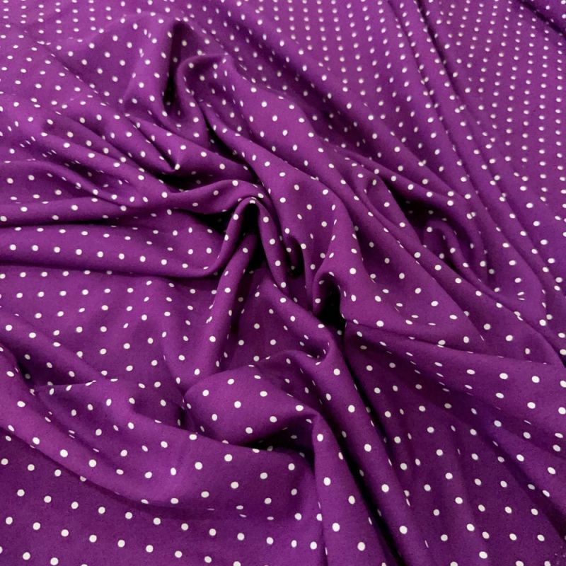 Tecido Viscose Estampada Micro Poá Branco Fundo Roxo • Luema Tecidos