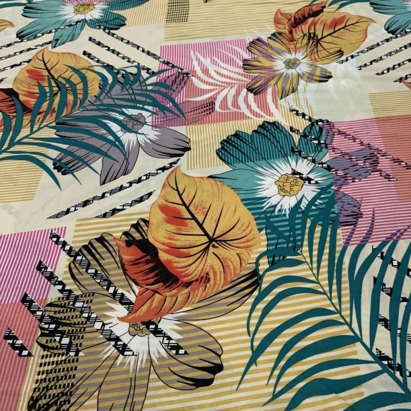Tecido Viscose Estampada Folhagens e Riscos Coloridos • Luema Tecidos