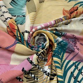 Tecido Viscose Estampada Folhagens e Riscos Coloridos Tecido Viscose Estampada Folhagens e Riscos Coloridos • Luema Tecidos