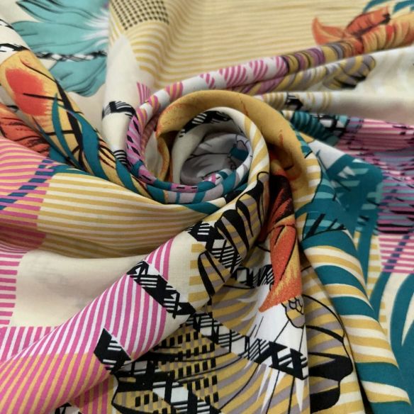 Tecido Viscose Estampada Folhagens e Riscos Coloridos • Luema Tecidos