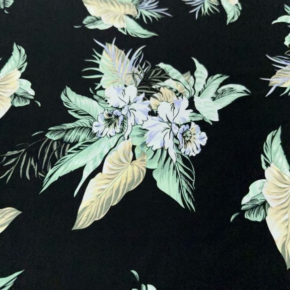 Tecido Viscose Estampada Floral Bege Fundo Preto • Luema Tecidos
