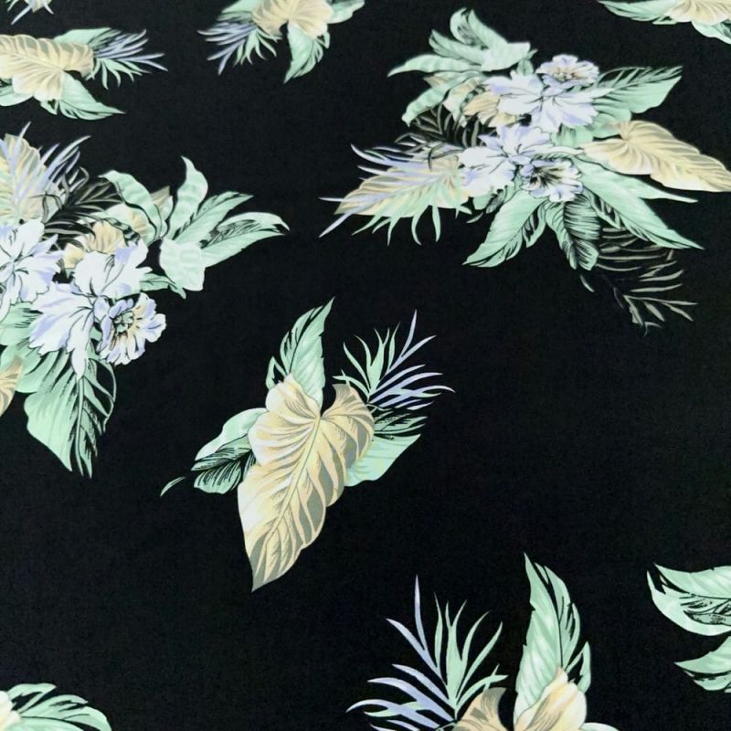 Tecido Viscose Estampada Floral Bege Fundo Preto • Luema Tecidos