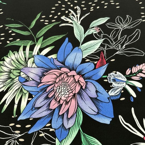 Tecido Viscose Estampada Flores Coloridas Fundo Preto • Luema Tecidos