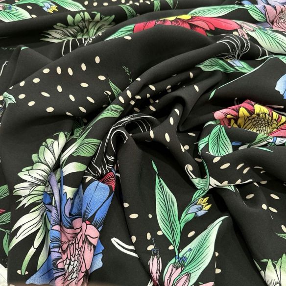 Tecido Viscose Estampada Flores Coloridas Fundo Preto • Luema Tecidos