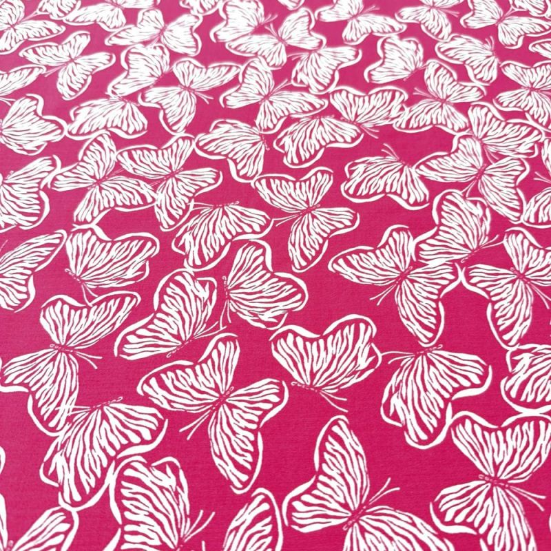 Tecido Viscose Estampada Borboletas Fundo Pink • Luema Tecidos