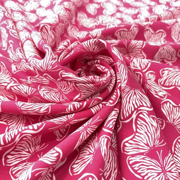Tecido Viscose Estampada Borboletas Fundo Pink • Luema Tecidos