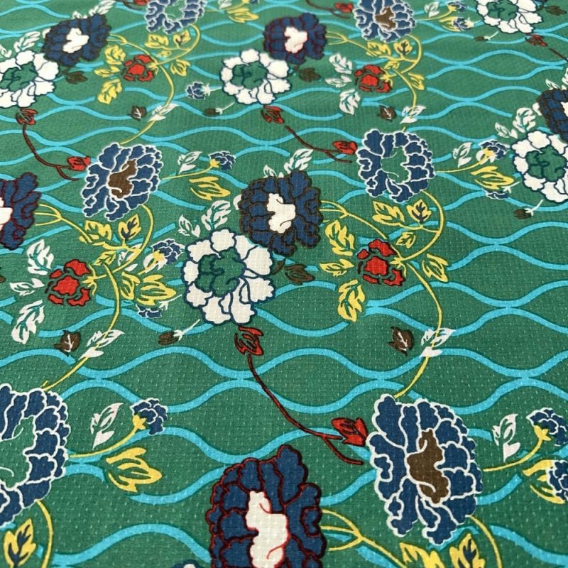 Tecido Viscose Estampada Corrente Flores Fundo Verde • Luema Tecidos