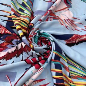 Tecido Viscose Estampada Folhagens Colorido Fundo Azul Claro Tecido Viscose Estampada Folhagens Colorido Fundo Azul Claro • Luema