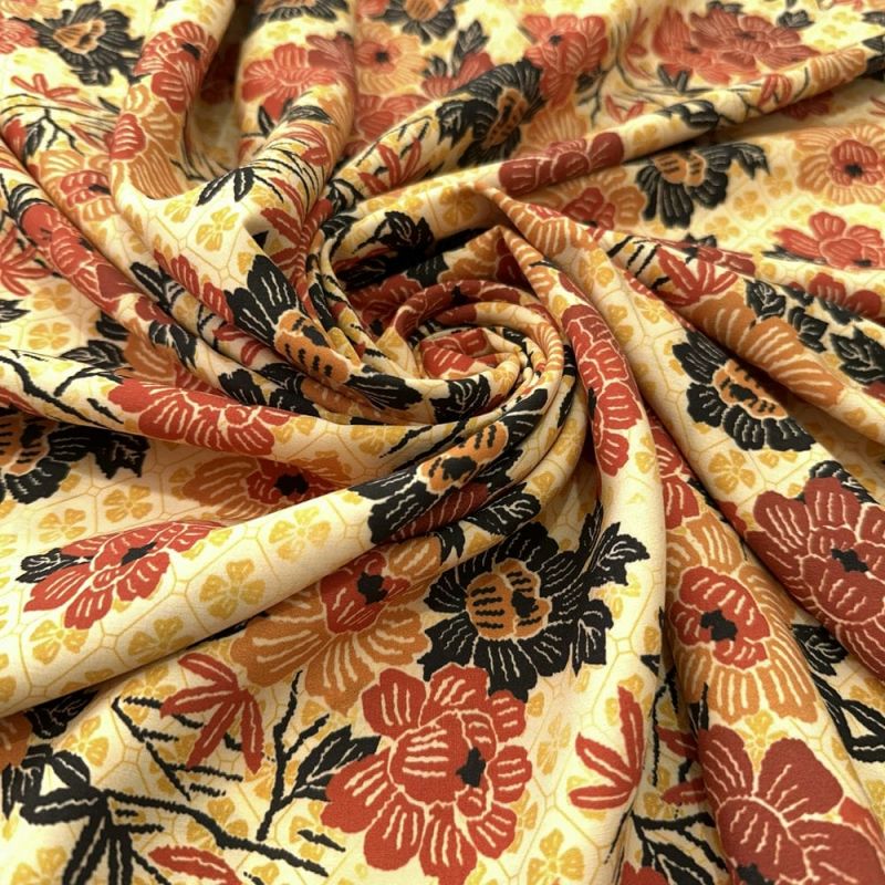 Tecido Viscose Floral e Micro Floral Marrom e Amarelo • Luema Tecidos
