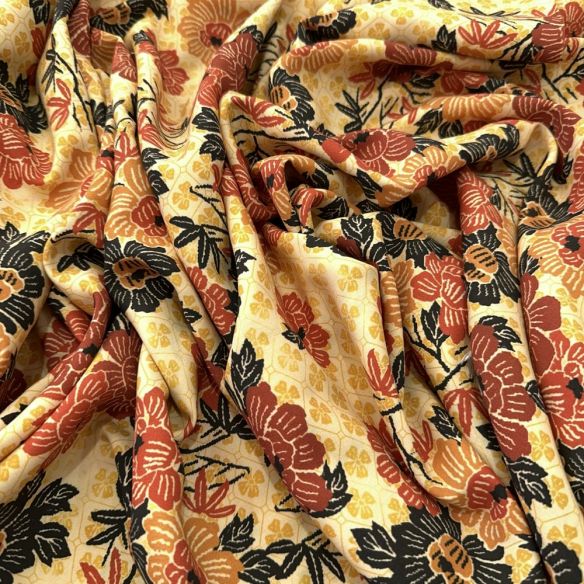Tecido Viscose Floral e Micro Floral Marrom e Amarelo • Luema Tecidos